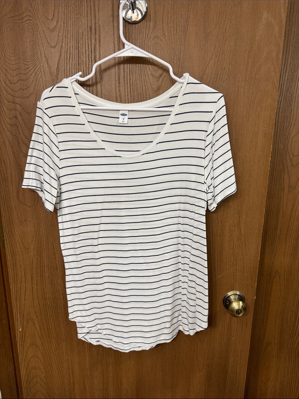 Old Navy White and Navy Striped Scoop Neck Tee